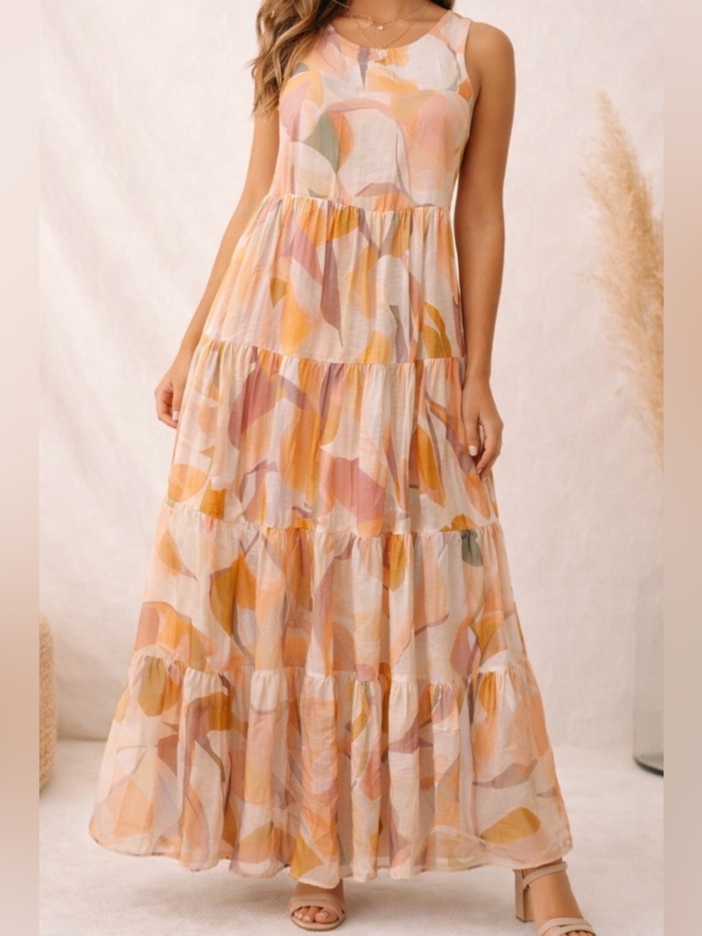 TCEC Abstract Watercolor Tiered Maxi Dress Sleeveless Boho S